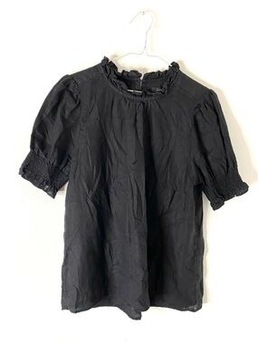 J. Crew Black Linen Puff Sleeve Blouse Ruffle Neck Smocked Cuffs
